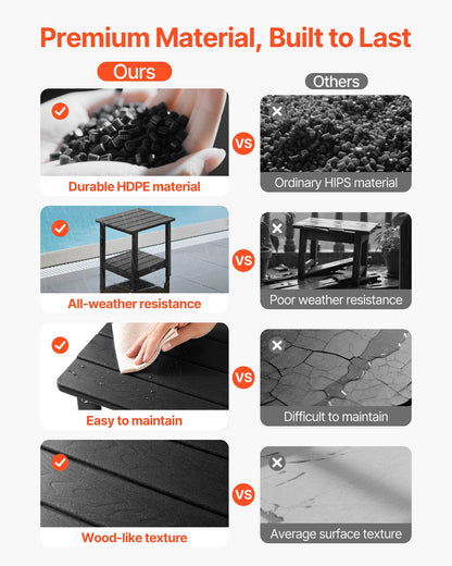 Outdoor Side Table, 450W x 380D x 440H mm, Double Layer HDPE Outside End Table for Easy Maintenance, Withstand Harsh Weather, Fit for Patio, Pool, Beach, Porch, Indoor, Backyard, Black