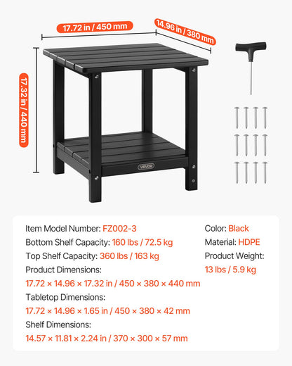 Outdoor Side Table, 450W x 380D x 440H mm, Double Layer HDPE Outside End Table for Easy Maintenance, Withstand Harsh Weather, Fit for Patio, Pool, Beach, Porch, Indoor, Backyard, Black