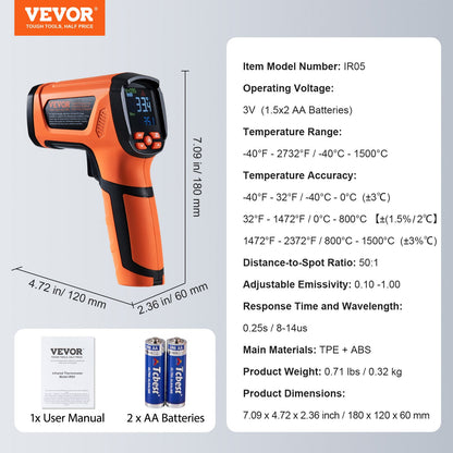 Infraröd termometer, -40~2732°F Dubbel lasertemperaturpistol Beröringsfri, handhållen IR-värmetemperaturpistol med justerbar emissivitet för metallsmältning/matlagning/pizzaugn/motor (ej för människor)