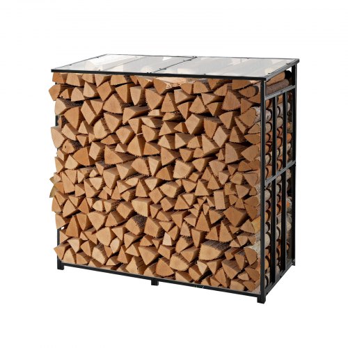 Vedställ med sluttande tak, 143 cm vedhållare för utomhusbruk, vedskjul med 1/4-snöre, maxvikt 299 kg, pulverlackerat vedställ i metall för öppen spis, altan, trädgård