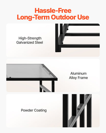 Vedställ med sluttande tak, 143 cm vedhållare för utomhusbruk, vedskjul med 1/4-snöre, maxvikt 299 kg, pulverlackerat vedställ i metall för öppen spis, altan, trädgård
