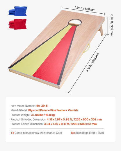 Cornhole Set, 4x2 ft Corn Hole Game Boards, Solid Wood Portable Toss Board, Indoor and Outdoor Cornhole Play for Adults, Include 8 Bean Bags and Handle, for Yard, Backyard, Beach, Camping