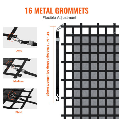 Lastnät, 120 x 105 tum, Kraftigt lastbilslastnät för lastbilsflak, 4 justerbara remmar med karbinhakar och S-krokar, Slitstarkt och väderbeständigt, Lämpligt för pickup, lastbil, jeep, SUV, båt
