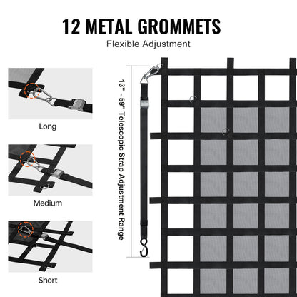 Lastnät, 72 x 57 tum, Kraftigt lastbilslastnät för lastbilsflak, 4 justerbara remmar med karbinhakar och S-krokar, Slitstarkt och väderbeständigt, Lämpligt för pickup, lastbil, jeep, SUV, båt
