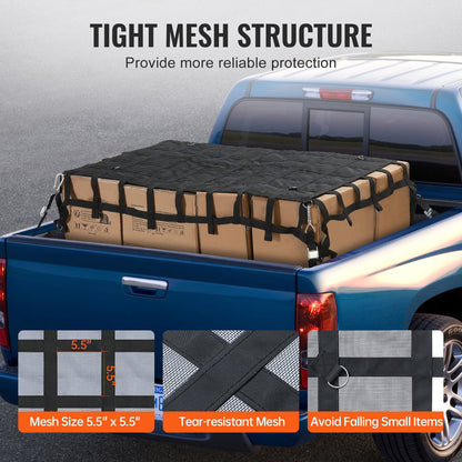 Lastnät, 72 x 57 tum, Kraftigt lastbilslastnät för lastbilsflak, 4 justerbara remmar med karbinhakar och S-krokar, Slitstarkt och väderbeständigt, Lämpligt för pickup, lastbil, jeep, SUV, båt