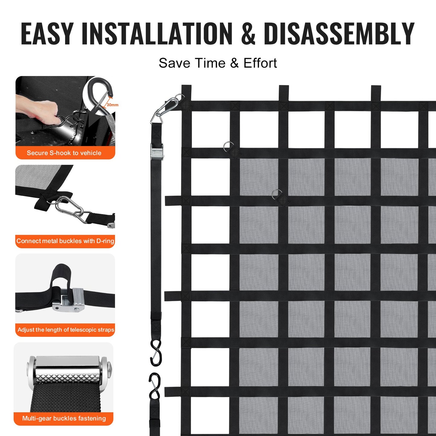 Lastnät, 72 x 57 tum, Kraftigt lastbilslastnät för lastbilsflak, 4 justerbara remmar med karbinhakar och S-krokar, Slitstarkt och väderbeständigt, Lämpligt för pickup, lastbil, jeep, SUV, båt