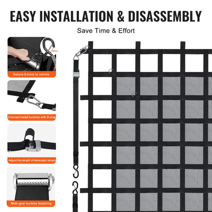 Lastnät, 72 x 57 tum, Kraftigt lastbilslastnät för lastbilsflak, 4 justerbara remmar med karbinhakar och S-krokar, Slitstarkt och väderbeständigt, Lämpligt för pickup, lastbil, jeep, SUV, båt