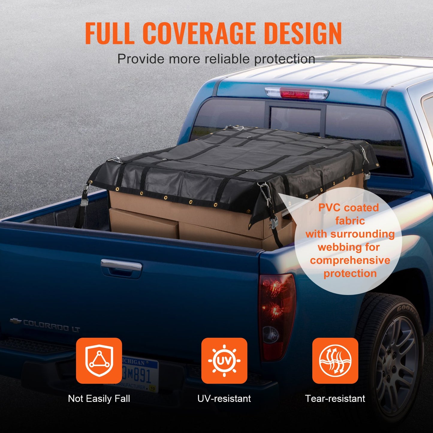 Lastnät, 72 x 57 tum, Kraftigt lastbilslastnät för lastbilsflak, 4 justerbara remmar med karbinhakar och gummibelagda krokar, hållbart, lämpligt för pickup, jeep, lastbil, SUV, båt (svart)