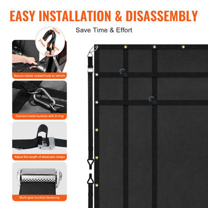 Lastnät, 72 x 57 tum, Kraftigt lastbilslastnät för lastbilsflak, 4 justerbara remmar med karbinhakar och gummibelagda krokar, hållbart, lämpligt för pickup, jeep, lastbil, SUV, båt (svart)