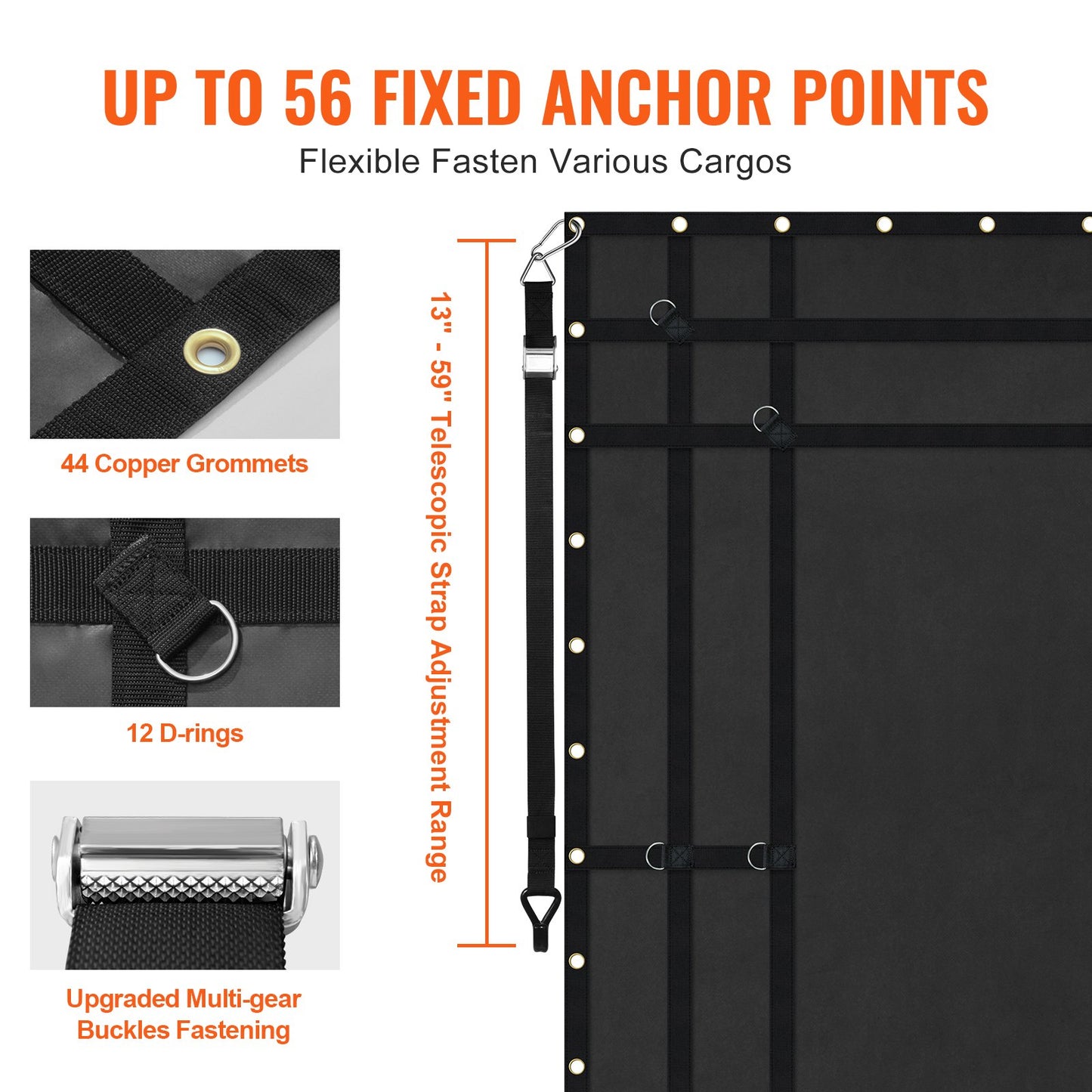 Lastnät, 236 x 218 cm, Kraftigt lastbilslastnät för lastbilsflak, 4 justerbara remmar med karbinhakar och gummiklädda krokar, hållbart, lämpligt för pickup, jeep, lastbil, SUV, båt (svart)