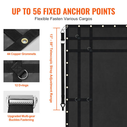 Lastnät, 236 x 218 cm, Kraftigt lastbilslastnät för lastbilsflak, 4 justerbara remmar med karbinhakar och gummiklädda krokar, hållbart, lämpligt för pickup, jeep, lastbil, SUV, båt (svart)