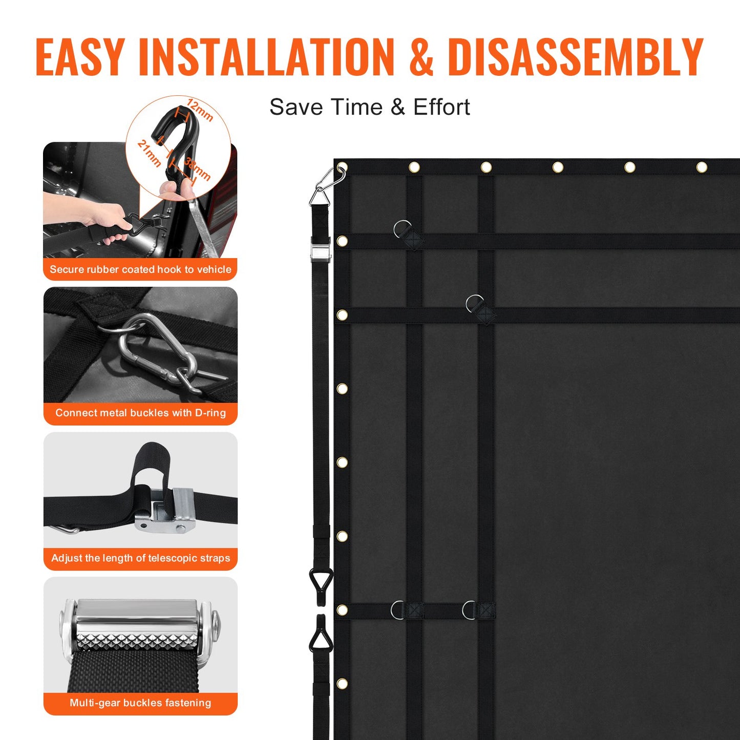 Lastnät, 236 x 218 cm, Kraftigt lastbilslastnät för lastbilsflak, 4 justerbara remmar med karbinhakar och gummiklädda krokar, hållbart, lämpligt för pickup, jeep, lastbil, SUV, båt (svart)