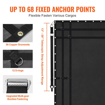 Lastnät, 120 x 105 tum, Kraftigt lastbilslastnät för lastbilsflak, 4 justerbara remmar med karbinhakar och gummiklädda krokar, slitstarkt, lämpligt för pickup, jeep, lastbil, SUV, båt (svart)