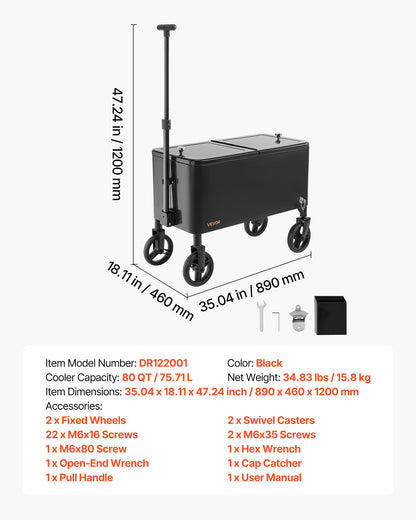 75,71 l rullande kylboxvagn, med 2-stegs teleskopiskt draghandtag och 2 svängbara hjul, bärbar bordsstrand, uteplats, festbar, kall dryck, utomhusparkvagn på hjul, svart