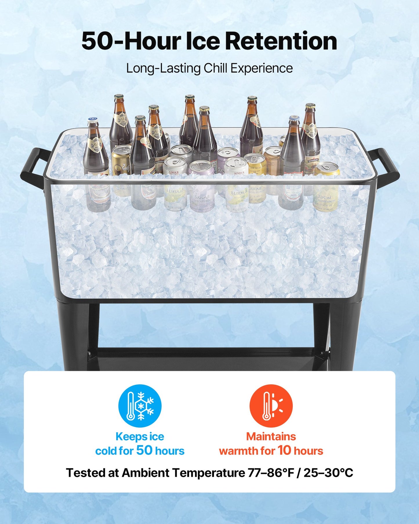 75,71 l rullande kylbox, rymmer upp till 50 flaskor / 110 burkar, bärbar kylvagn för uteplats, partybar med bottenhylla, dryckespool med sidokorg och flasköppnare, svart