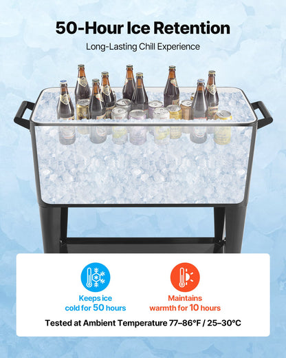 75,71 l rullande kylbox, rymmer upp till 50 flaskor / 110 burkar, bärbar kylvagn för uteplats, partybar med bottenhylla, dryckespool med sidokorg och flasköppnare, svart