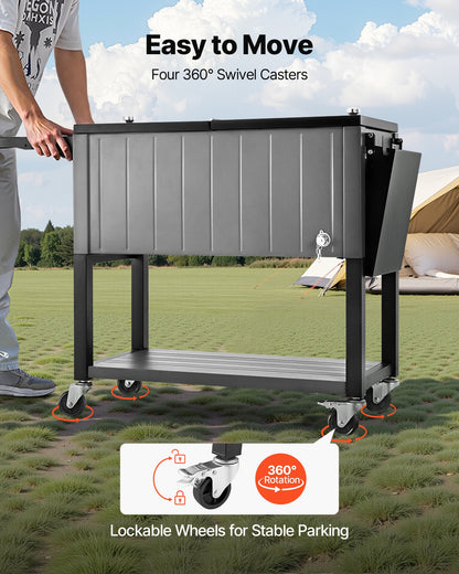 75,7L rullande kylbox, rymmer upp till 50 flaskor / 110 burkar, bärbar kylvagn för uteplats och bar med bottenhylla och fällbara sidohyllor, dryckespool med svängbara hjul och flasköppnare