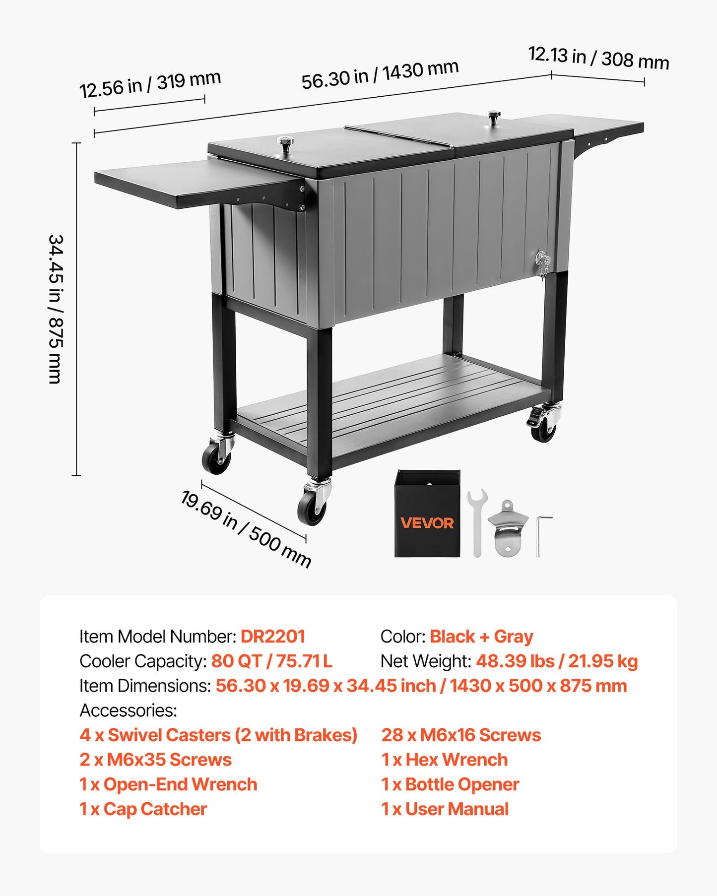 75,7L rullande kylbox, rymmer upp till 50 flaskor / 110 burkar, bärbar kylvagn för uteplats och bar med bottenhylla och fällbara sidohyllor, dryckespool med svängbara hjul och flasköppnare
