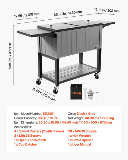75,7L rullande kylbox, rymmer upp till 50 flaskor / 110 burkar, bärbar kylvagn för uteplats och bar med bottenhylla och fällbara sidohyllor, dryckespool med svängbara hjul och flasköppnare