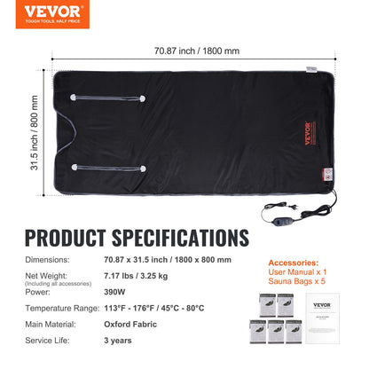 Bastufilt med infraröd värmefunktion och armhål för avgiftning Oxford 180 x 79 cm