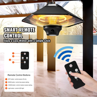 Hängande terrassvärmare, 2000W fjärrkontroll utomhus/inomhus elektrisk infraröd värmare, IP34-skyddad takvärmare med dragsnöre och justerbar kedja, för veranda, uteplats, matsal, studio