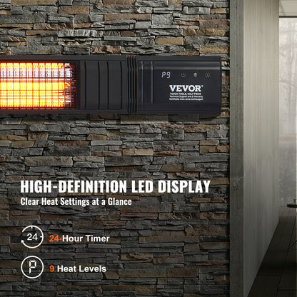 Infraröd värmare, 3000W fjärrstyrd elektrisk infraröd värmare för rymden, IP65-skyddad kolfiber infraröd utomhusvärmare med 9 hastigheter och timer, för veranda, uteplats, matsal, studio, bakgård, väggmontering