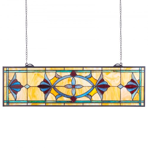 Fönsterpanel i målat glas, 813 x 250 mm, hängande överljuspanel i Tiffany-stil med kedja, stor horisontell rektangulär glaspanel i färgat glas, traditionellt konsthantverk för köksinredning