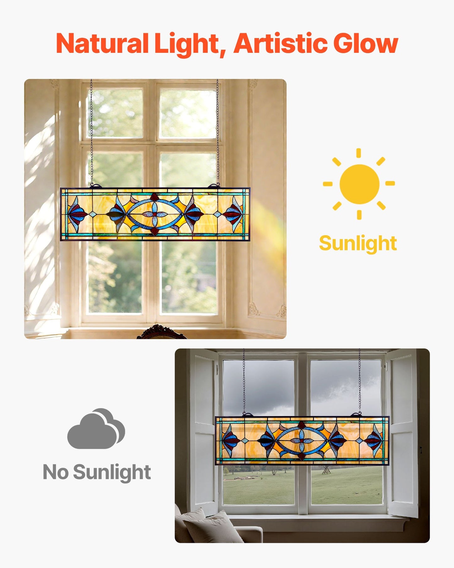 Fönsterpanel i målat glas, 813 x 250 mm, hängande överljuspanel i Tiffany-stil med kedja, stor horisontell rektangulär glaspanel i färgat glas, traditionellt konsthantverk för köksinredning