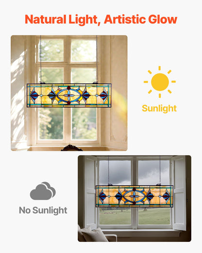 Fönsterpanel i målat glas, 813 x 250 mm, hängande överljuspanel i Tiffany-stil med kedja, stor horisontell rektangulär glaspanel i färgat glas, traditionellt konsthantverk för köksinredning