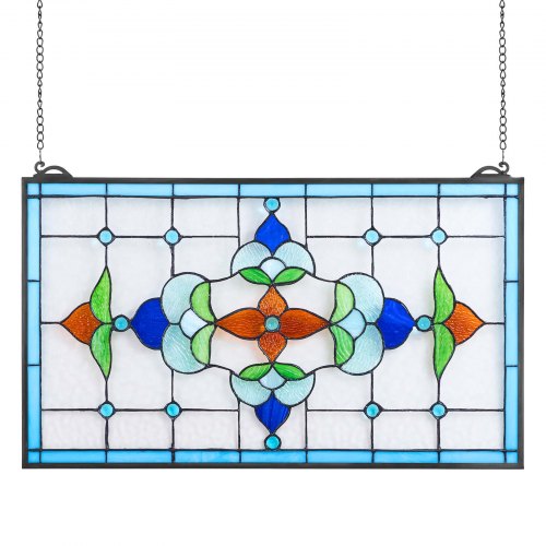 Fönsterpanel i målat glas, 664 x 402 mm, hängande överljuspanel i Tiffany-stil med kedja, stor horisontell rektangulär glaspanel i färgat glas, traditionellt konsthantverk för köksinredning