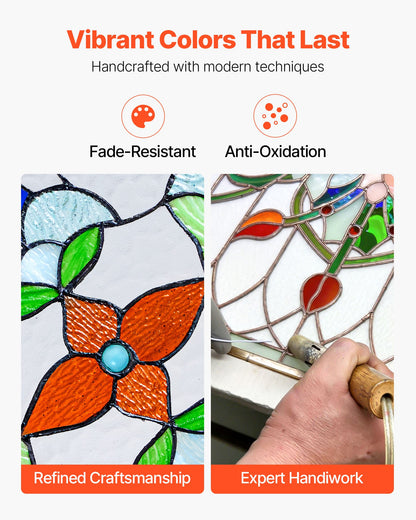 Fönsterpanel i målat glas, 664 x 402 mm, hängande överljuspanel i Tiffany-stil med kedja, stor horisontell rektangulär glaspanel i färgat glas, traditionellt konsthantverk för köksinredning