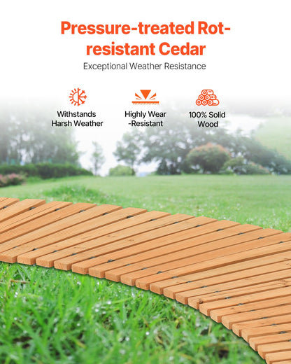 Trädgårdsgång i trä, 2,1 m x 4,7 m, halkfri, böjd trädgårdsgång, utrullbar cederträgång för utomhusbruk med vajeranslutning, dekorativ gräsmatta för trädgårdspromenad, bröllopsfest