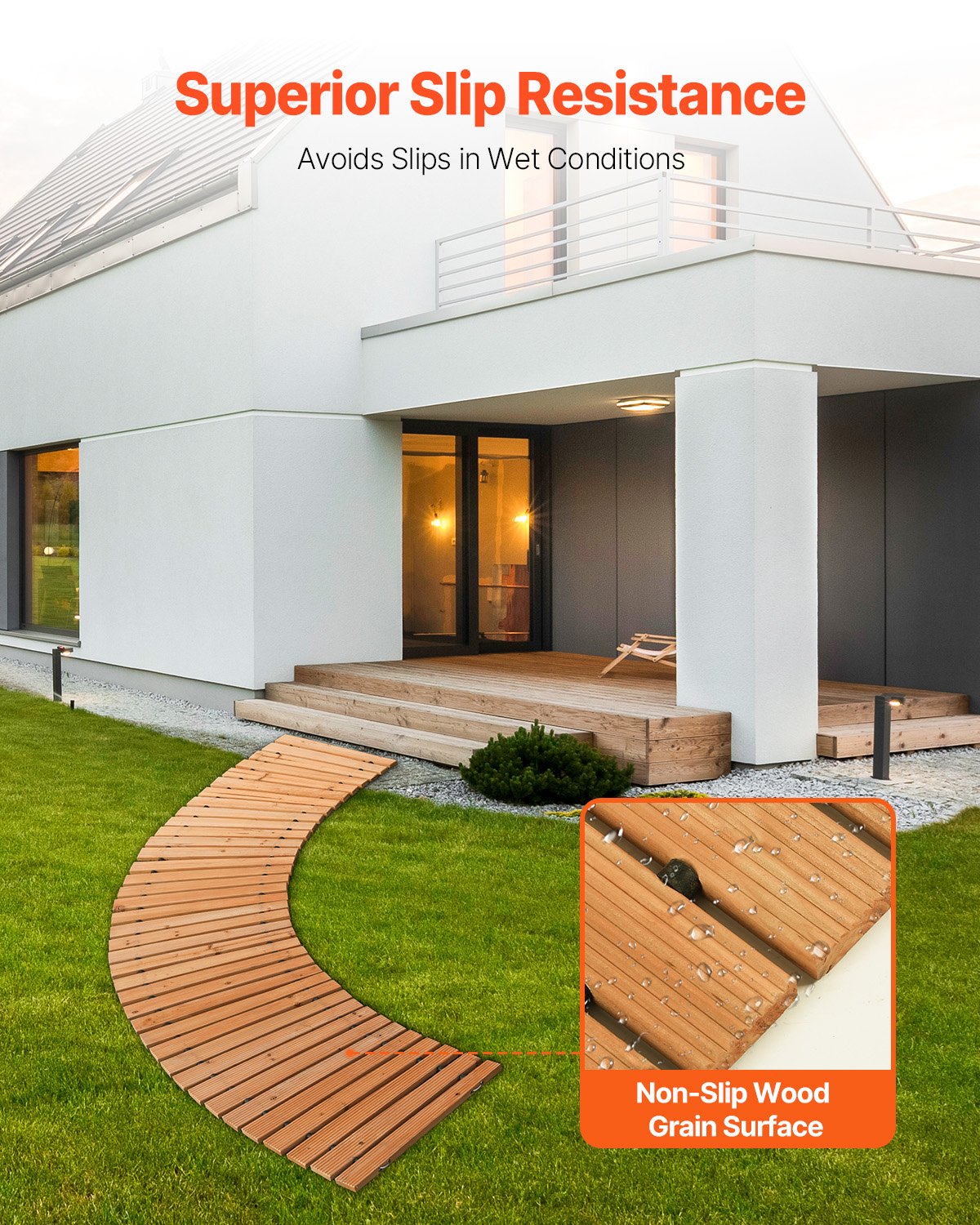 Trädgårdsgång i trä, 2,4 m x 4,7 m, halkfri, böjd trädgårdsgång, utrullbar cederträgång för utomhusbruk med vajeranslutning, dekorativ gräsmatta för trädgårdspromenad, bröllopsfest