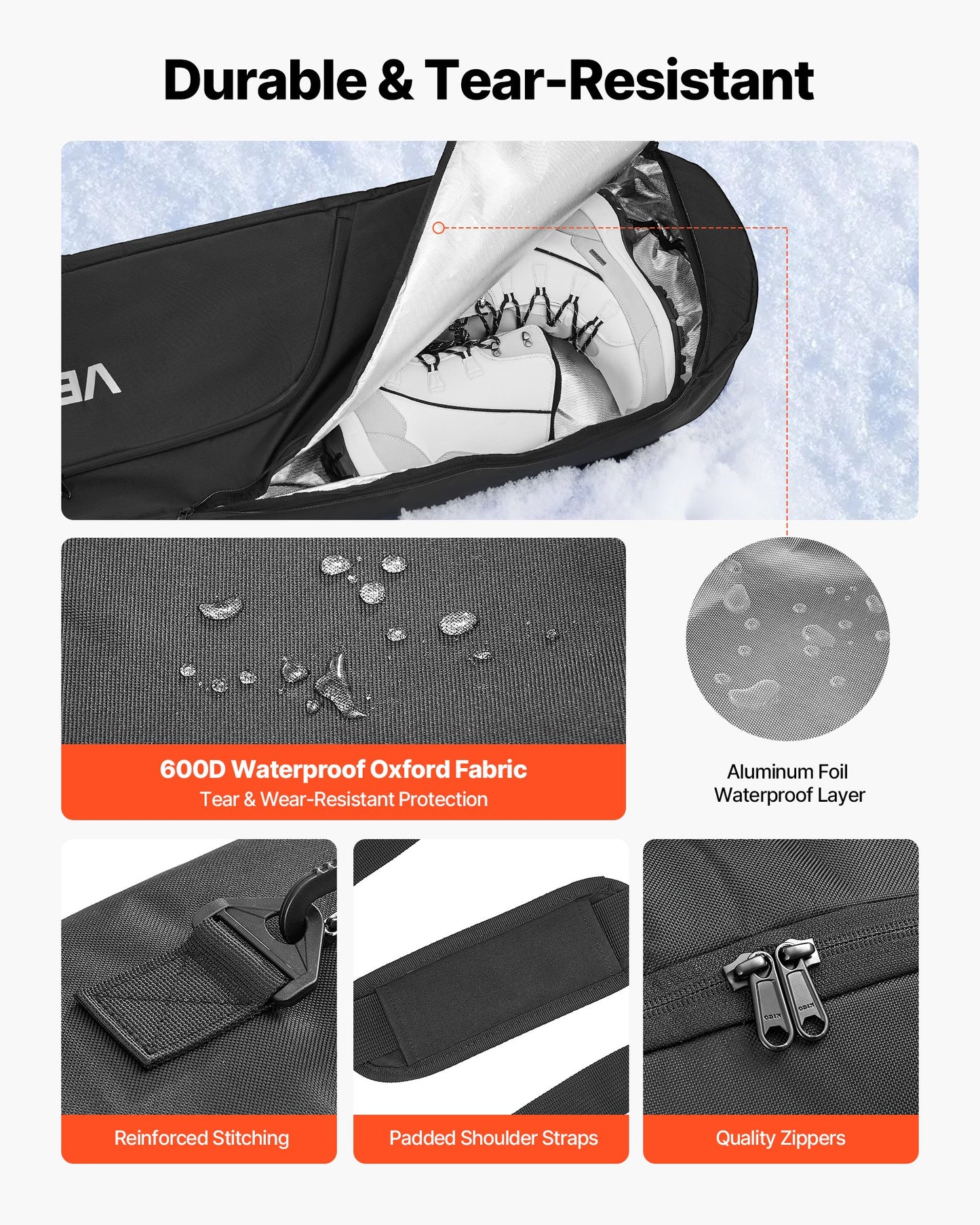 Snowboardväska, upp till 165 cm, vadderad skid- och snowboardväska för flygresor, 600D vattentät oxfordväv, med justerbara innerremmar, för skidstavar, skyddsglasögon, handskar, hjälm, stövlar (svart)