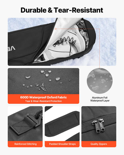 Snowboardväska, upp till 165 cm, vadderad skid- och snowboardväska för flygresor, 600D vattentät oxfordväv, med justerbara innerremmar, för skidstavar, skyddsglasögon, handskar, hjälm, stövlar (svart)