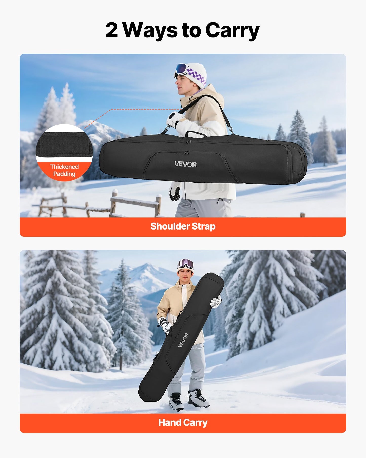 Snowboardväska, upp till 165 cm, vadderad skid- och snowboardväska för flygresor, 600D vattentät oxfordväv, med justerbara innerremmar, för skidstavar, skyddsglasögon, handskar, hjälm, stövlar (svart)