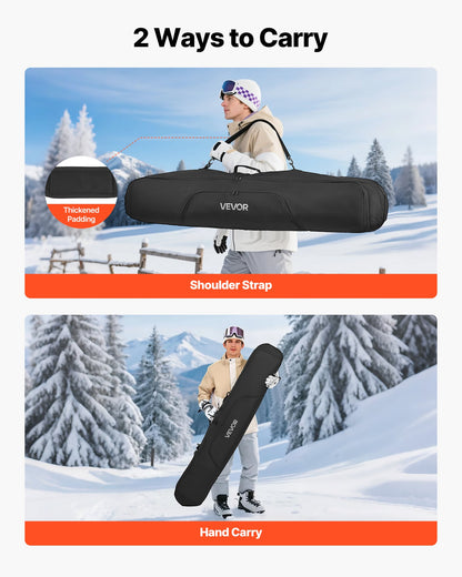 Snowboardväska, upp till 165 cm, vadderad skid- och snowboardväska för flygresor, 600D vattentät oxfordväv, med justerbara innerremmar, för skidstavar, skyddsglasögon, handskar, hjälm, stövlar (svart)