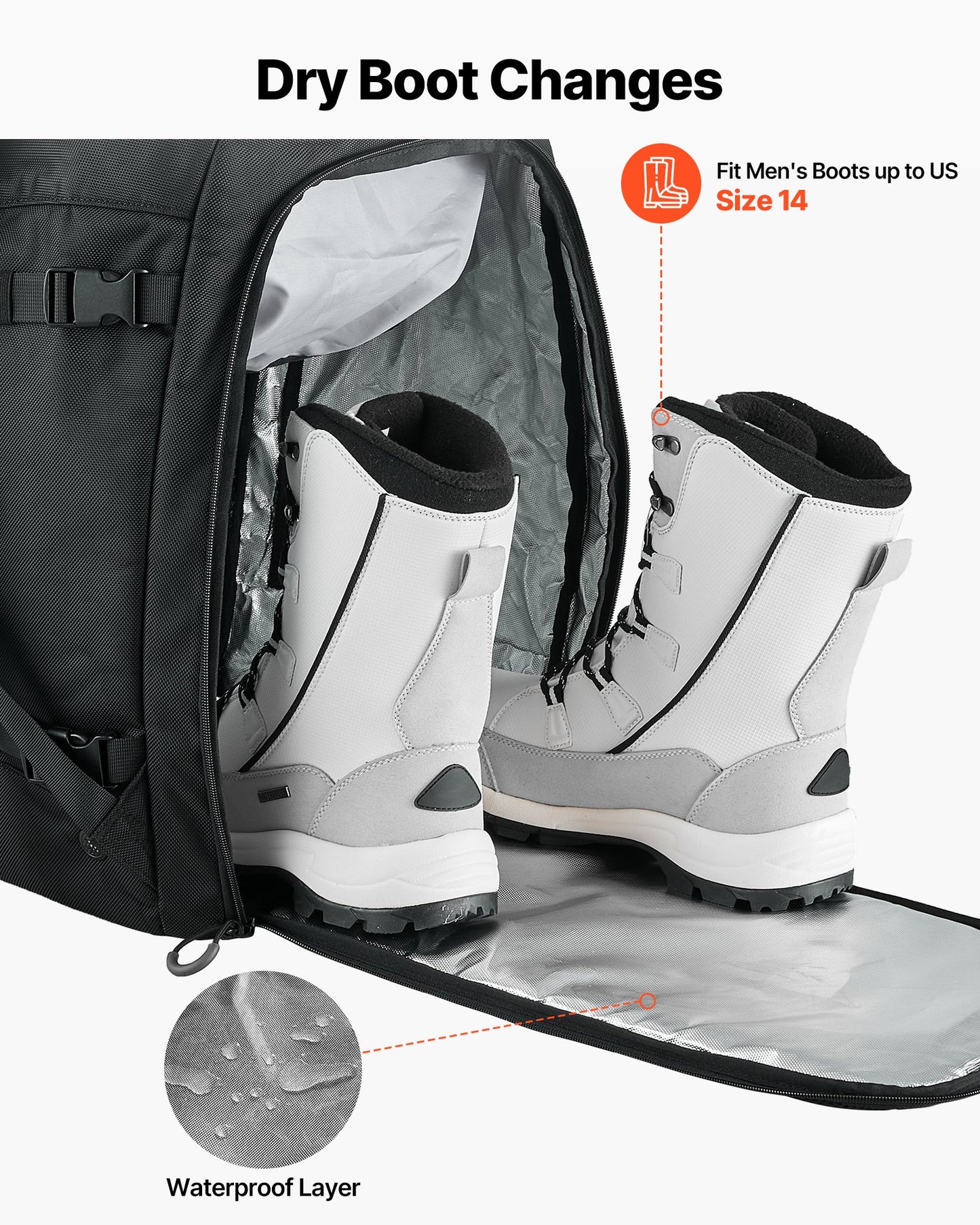 Pjäxväska, 55L, Snowboardpjäxor Reseryggsäck för Herr och Damer, med Vattentät Utsida och Botten, Slitstark 1680D Oxford, Väska för Skidor, Snowboard, Hjälm, Skidglasögon, Handskar, Tillbehör (Svart)