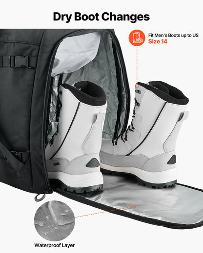 Pjäxväska, 55L, Snowboardpjäxor Reseryggsäck för Herr och Damer, med Vattentät Utsida och Botten, Slitstark 1680D Oxford, Väska för Skidor, Snowboard, Hjälm, Skidglasögon, Handskar, Tillbehör (Svart)