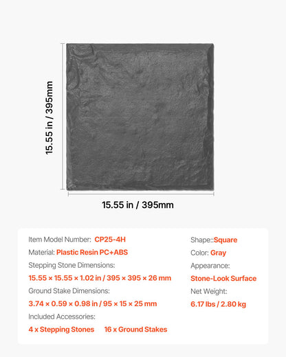 Trädgårdsstenar, 4 st 39,5x39,5 cm dekorativa stenar med pålar, väderbeständiga plastgångstenar, slät yta, utomhusgångväg för gräsmatta, uteplats, grå