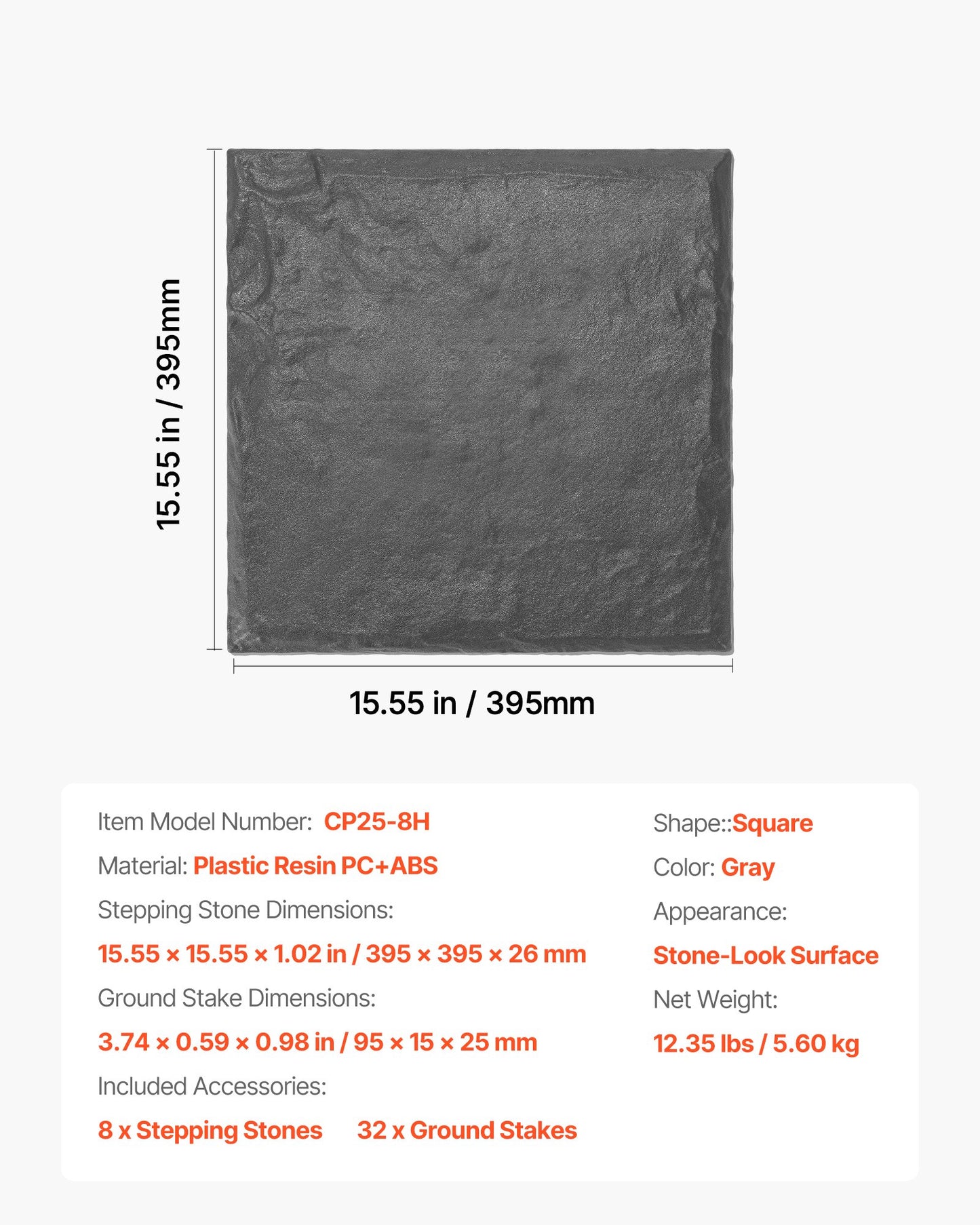 Trädgårdsstenar, 8 st 39,5x39,5 cm, Dekorativa stenar med pålar, Väderbeständiga plastgångstenar, Slät yta, Gångväg för utomhusbruk, Gräsmatta, Terrass, Landskap, Grå