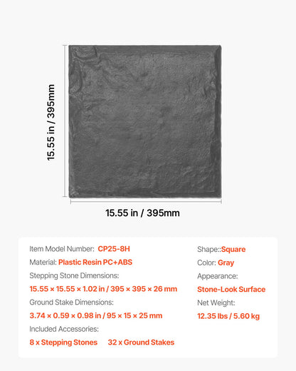 Trädgårdsstenar, 8 st 39,5x39,5 cm, Dekorativa stenar med pålar, Väderbeständiga plastgångstenar, Slät yta, Gångväg för utomhusbruk, Gräsmatta, Terrass, Landskap, Grå