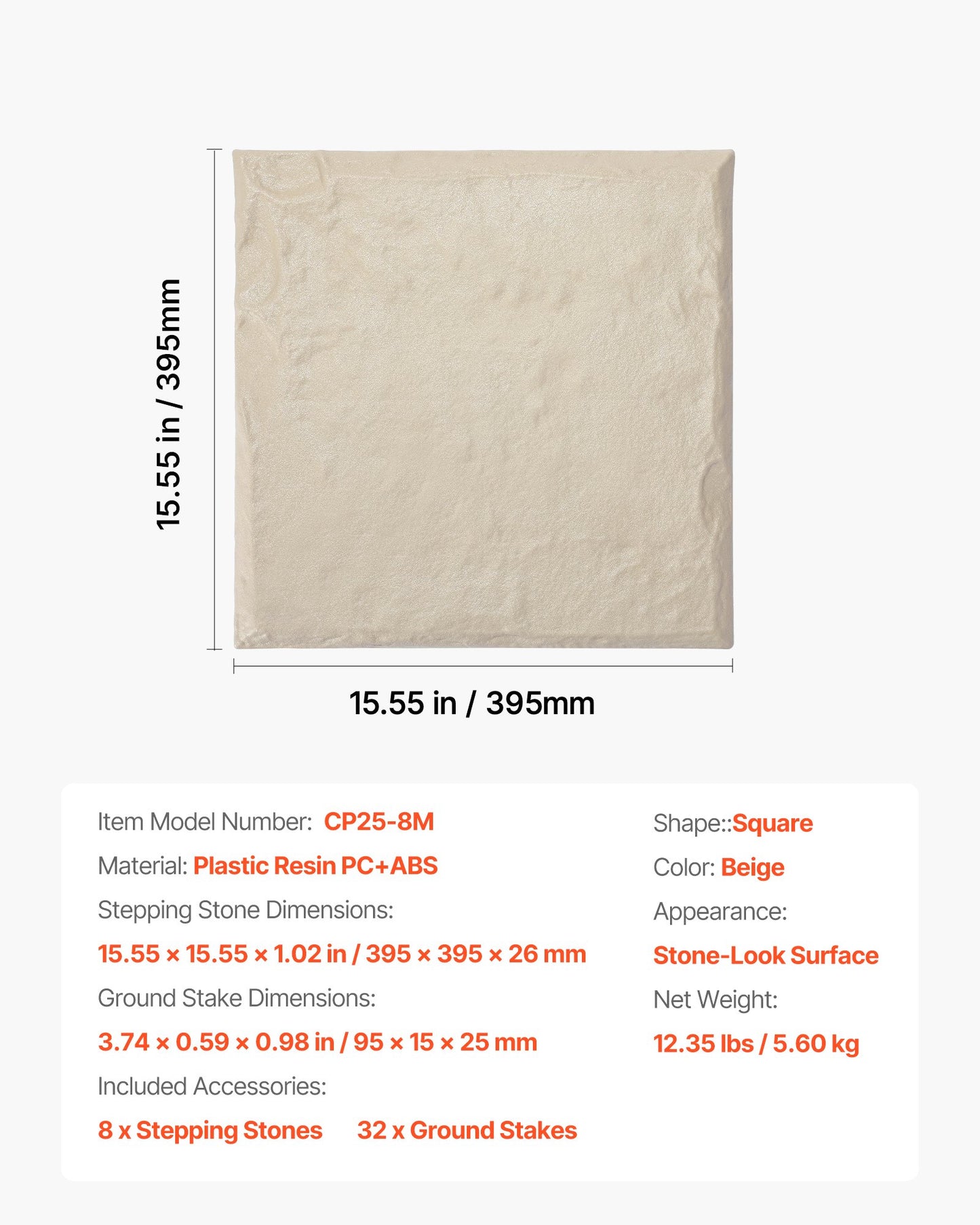 Trädgårdsstenar, 8 st 39,5x39,5 cm, dekorativa trappstenar med pålar, väderbeständiga plastgångstenar, slät yta, utomhusgångväg för gräsmatta, uteplats, landskap, beige