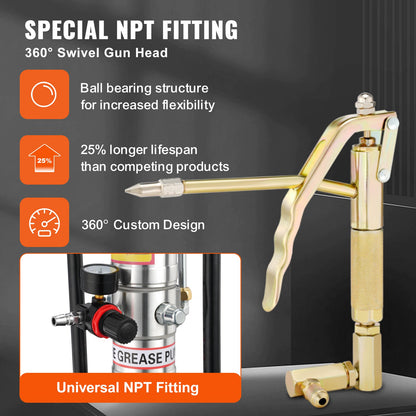 Fettpump, 3 gallon 12 l, luftdriven fettpump med 13 fot högtrycksslang och fettspruta, pneumatisk fetthinkpump med hjul, bärbar smörjfettpump 50:1 tryckförhållande