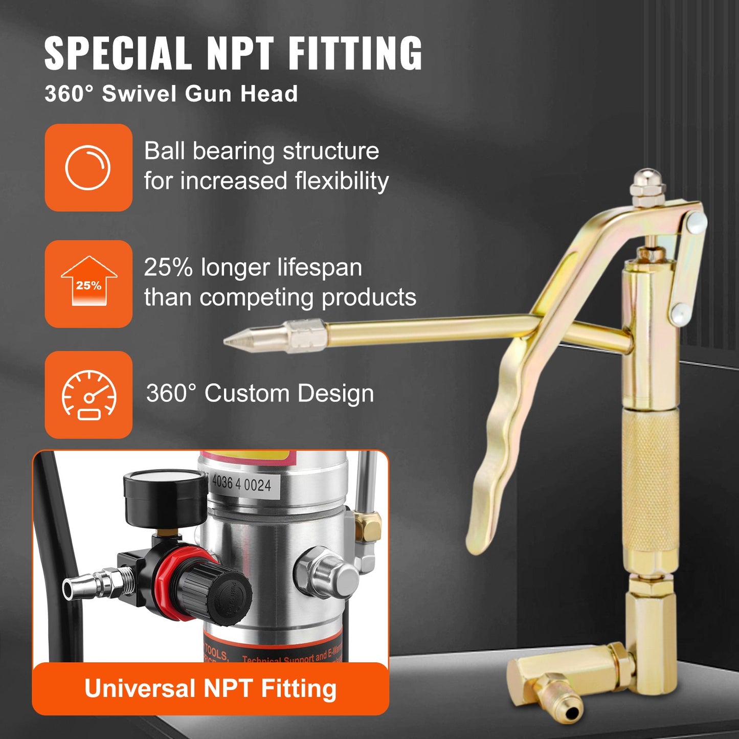 Fettpump, tryckförhållande 50:1, luftdriven fettpump med 13 fot högtrycksslang och fettspruta, pneumatisk fettpump med fatlock, bärbar smörjfettpump, 360° pistolhuvud