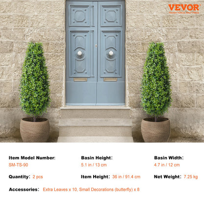 Konstgjord buxbom, 91 cm hög (2 stycken), konstgjorda topiaryträd, grön konstväxt med extra blad och kruka och liten dekoration, UV-klassad grönska för heminredning inomhus/utomhus