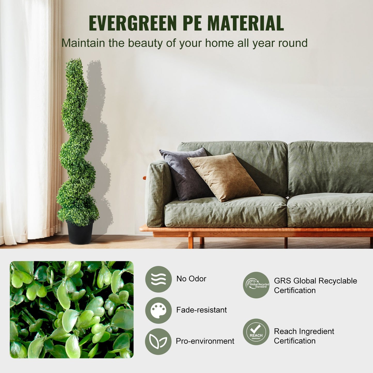 Konstgjorda topiary buxbomträd, 121,9 cm höga (2 stycken) konstgjord topiaryväxt utomhus, året runt grön feauxväxt med utbytbara blad för dekorativ inomhus/utomhus/trädgård