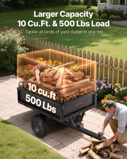 Garden Utility Trailer, 10 Cu. Ft & 227 kg Capacity, ATV UTV Hauling Trailer, Tow Behind Steel Dump Cart with 14" Tires, Hand Pull or Foot Pedal, Heavy Duty Yard Trailers for Lawn Mower Tractor