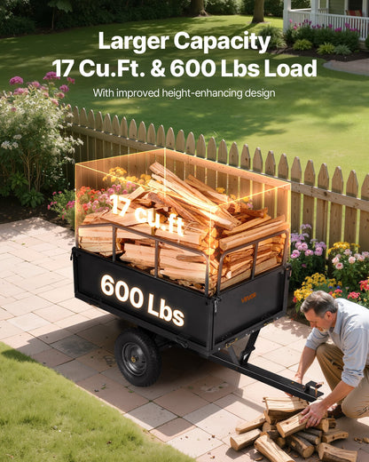 Garden Utility Trailer, 17 Cu. Ft & 272 kg Capacity, ATV UTV Hauling Trailer, Tow Behind Steel Dump Cart with 16" Tires, Hand Pull or Foot Pedal, Heavy Duty Yard Trailers for Lawn Mower Tractor