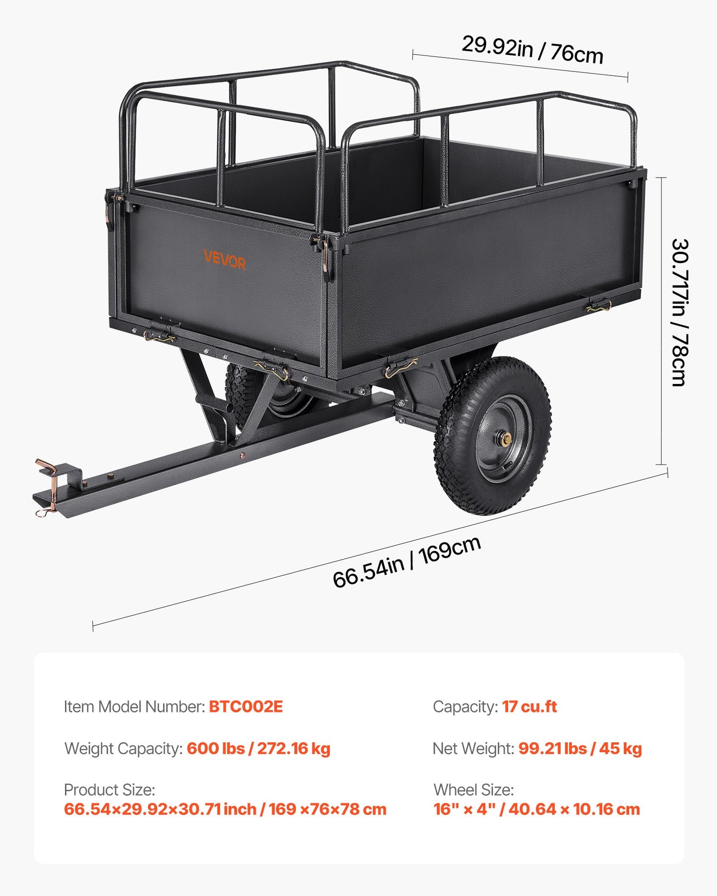 Garden Utility Trailer, 17 Cu. Ft & 272 kg Capacity, ATV UTV Hauling Trailer, Tow Behind Steel Dump Cart with 16" Tires, Hand Pull or Foot Pedal, Heavy Duty Yard Trailers for Lawn Mower Tractor